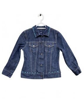 Vintage Y2K Gap Stretch Denim Jacket XS Beaded Turquoise Collar Floral Back Boho